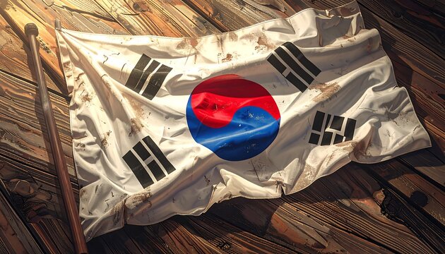 South korean flag on wooden surface illustrating national symbol and heritage