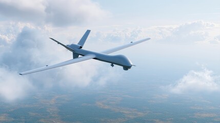 Naklejka premium Military drone flying above landscape under cloudy sky, surveillance technology, defense mission, modern UAV concept