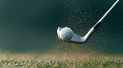 Naklejka premium Golf iron striking white ball at sunset, flying grass particles, luxury sports advertising concept, cinematic action shot