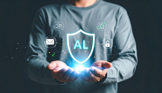 Businessman holding glowing AI shield represents cybersecurity digital communication