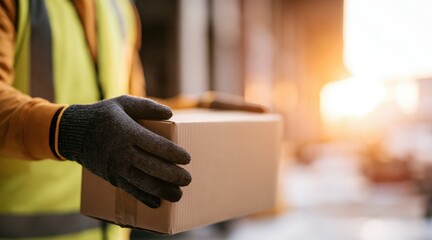 Fototapeta premium Worker hands in gloves holding cardboard box during sunset