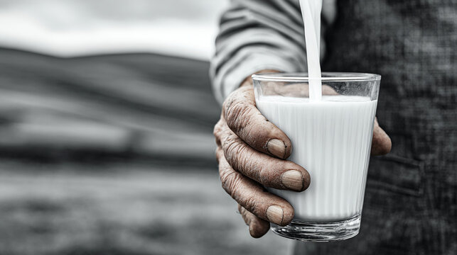 A close-up shot of a farmer's weathered hands gently pouring milk into a glass, with a serene countryside landscape in the background