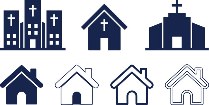 Church buildings and residential house icon set featuring cross symbols and real estate home line vectors for architectural design