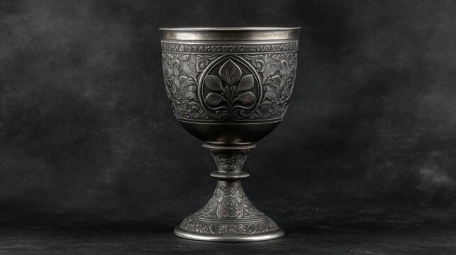 Ornate silver chalice against dark background