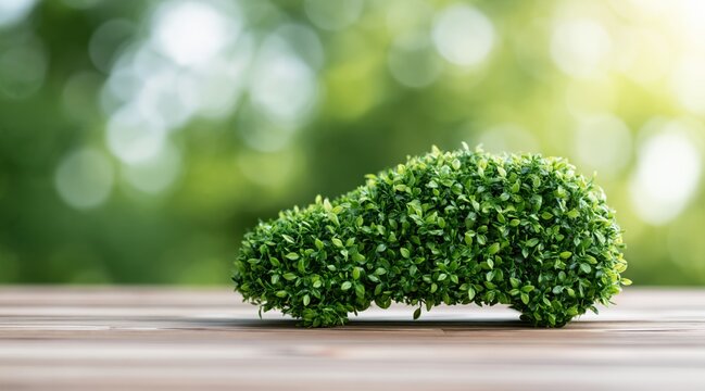 Car shaped topiary on wooden surface with green bokeh background