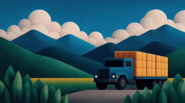 A delivery truck loaded with crates of creamy cheese rumbles down a winding rural road, framed by lush green fields and a bright blue sky