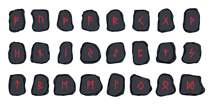 Set of hand drawn viking runes Rune stones with ancient norse alphabet characters engraved on them Scandinavian futhark germanic celtic Single element for design, print, web, decor