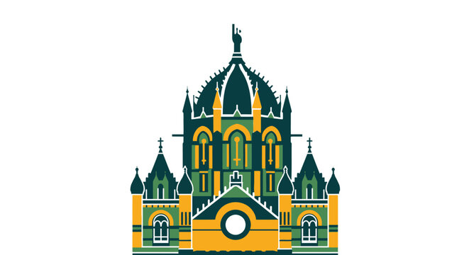 Illustrated Gothic Revival Building with Ornate Clock Tower.