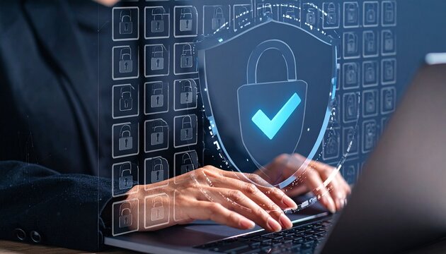 Laptop user ensuring cybersecurity with shielded padlock digital overlay