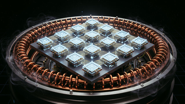 A futuristic conceptual 3D visualization of a quantum computer processor, a geometric array of superconducting qubit chips arranged in a perfect lattice pattern suspended in a cryogenic chamber.