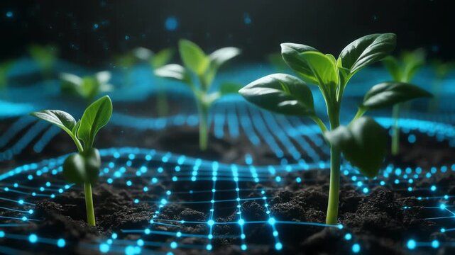 Seedlings Growing in Soil with Digital Network Overlay for Sustainable Agriculture Technology Concepts