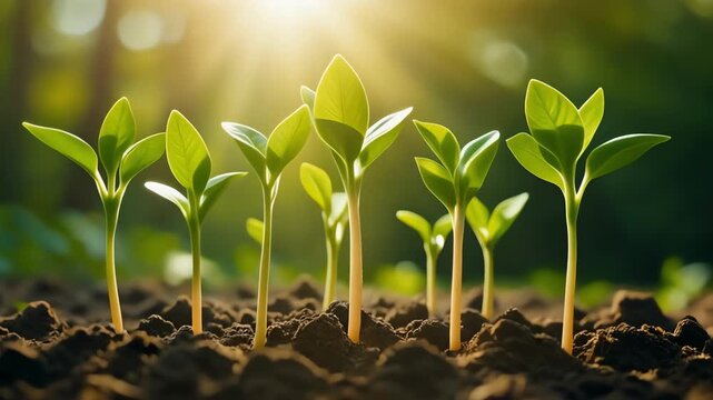 Seedlings Sprouting Under Sunlight in a Garden a Cinematic Macro Shot Ideal for Promoting Growth and New Beginnings