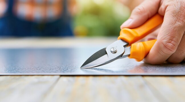 Hand holding metal shears cutting galvanized sheet metal on wooden surface