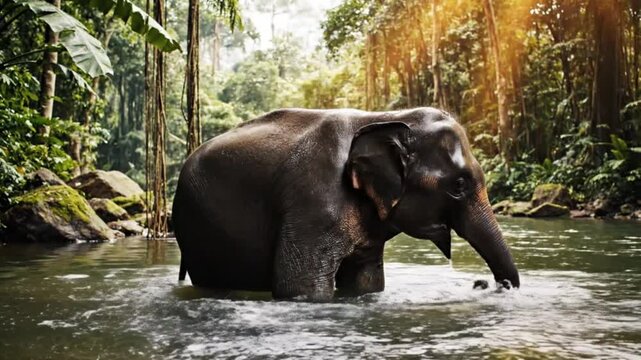 Wild Elephant Using its Trunk to Spray Water in a Rainforest Stream