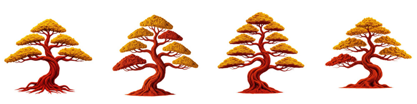 Four artistic bonsai trees with golden foliage isolated on black background