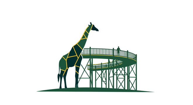 Whimsical giraffe standing on elevated observation platform.