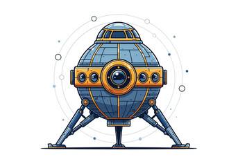 Retro-Futuristic Spherical Spacecraft Lander Icon - Vintage Sci-Fi Moon Module Illustration Isolated on White Background © Bakoh