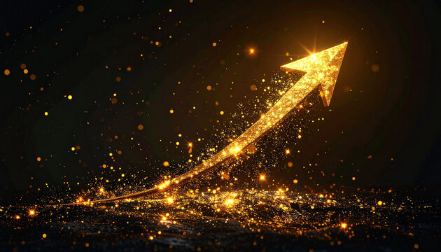 Golden arrow pointing upwards with sparkling particles and lights