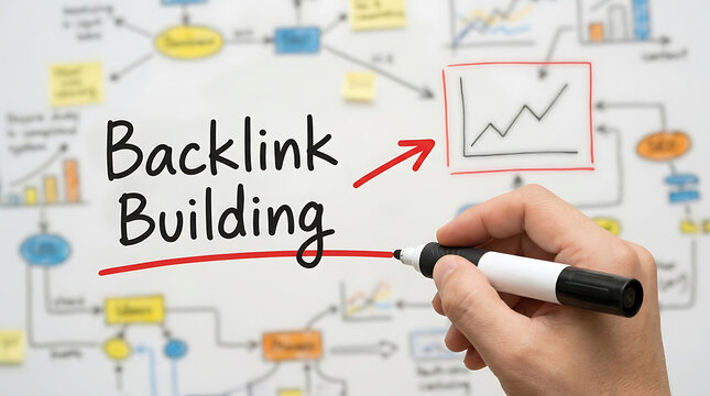 Closeup of a hand writing backlink building on a whiteboard with a marker
