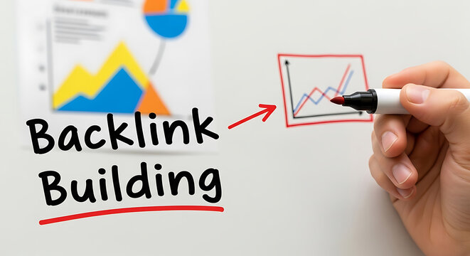 Hand holding a marker drawing a growth chart next to backlink building text