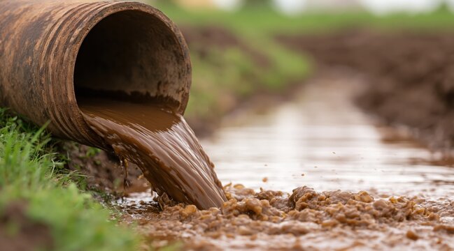 Brown sludge flowing from rusty metal pipe into ditch