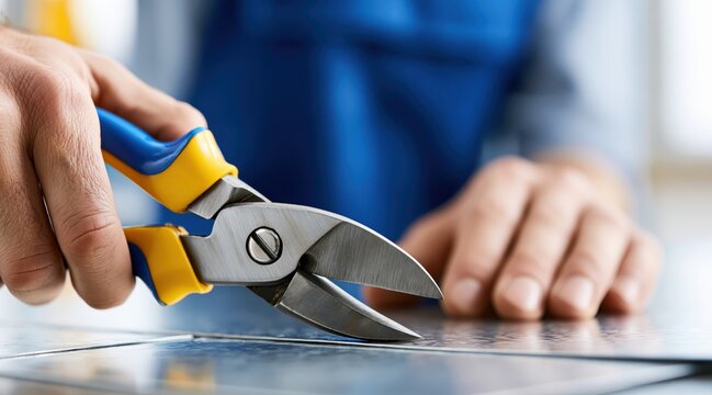 Hand using metal snips to cut steel sheet in workshop