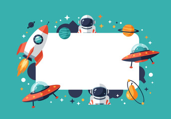 Space Adventure Frame with Astronauts Rockets and UFOs Cartoon Illustration for Kids with Copy Space © Bakoh