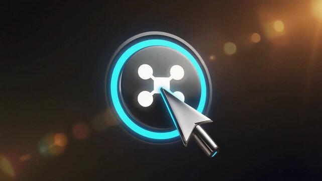 Cursor clicking digital connection icon button in professional abstract motion footage featuring glowing blue neon light interface graphic animation