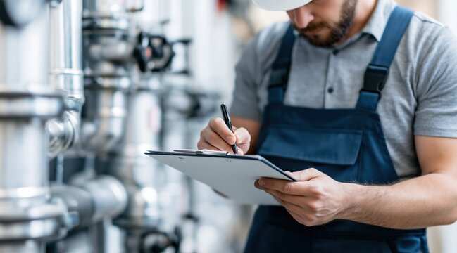 worker in overalls writing on clipboard in industrial facility