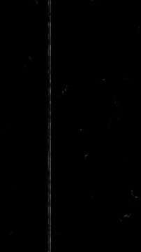 Vertical old film overlay effect with sharp white scratches and damaged lines on black background, for video vintage look editing.

