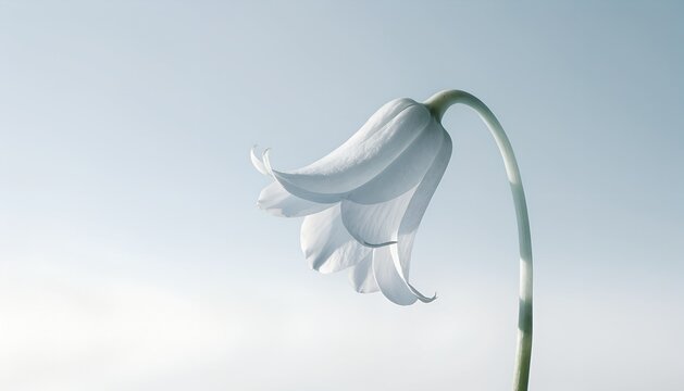 Gentle White Bell Flower Blooming Against Light Blue Pastel Background