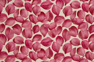 Obraz premium Magenta flower petals scattered in a dense pattern on a cream textured surface in a top-down macro shot for beauty and wedding marketing