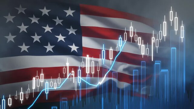 United States Economy Growth Concept with a Close Up of the National Flag and Bull Market Chart