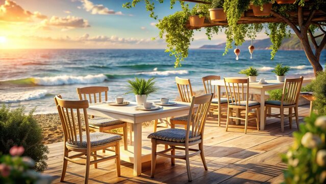 Summer cafe on the seashore fresh wind from the sea selective focus