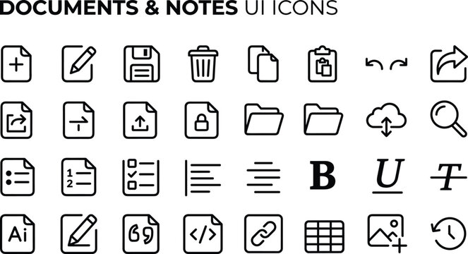 Documents and notes UI outline icon set with editing tools, formatting controls, folders and file management symbols