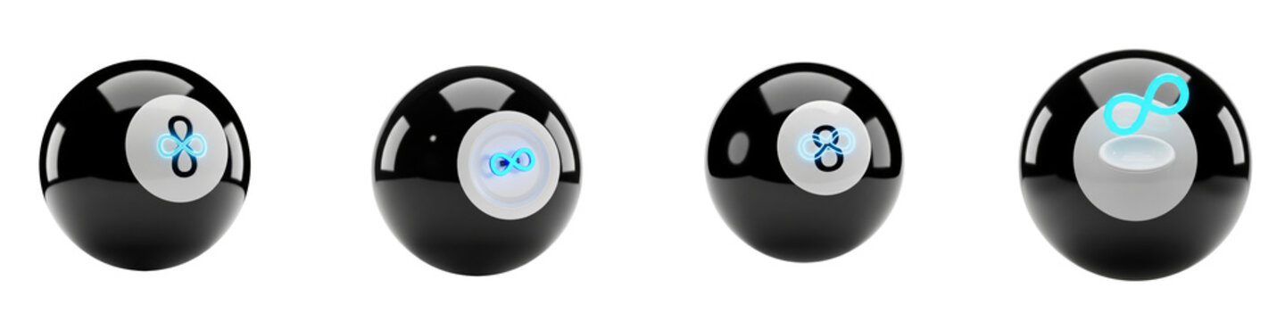 Four black magic billiard balls with glowing neon infinity symbols set