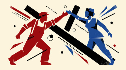 Fototapeta premium Constructivist style vector illustration featuring a man and woman reaching out to each other in a bold graphic design