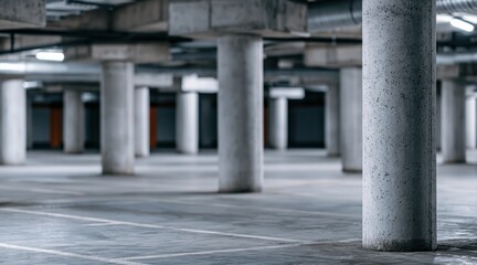 Naklejka premium Empty underground parking garage with concrete pillars