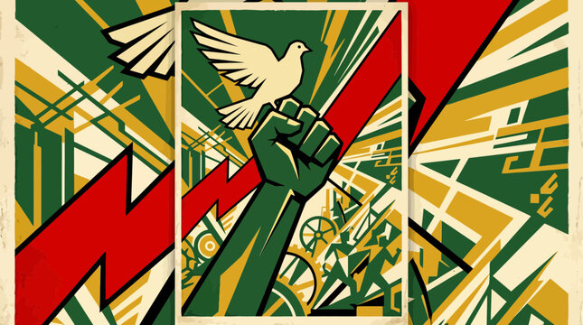 Peace dove held by a raised fist in a bold soviet constructivist style with industrial gears and propaganda art