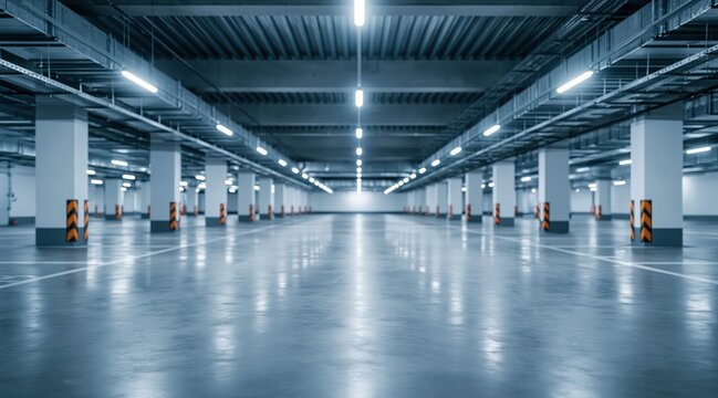 Empty underground parking garage with white pillars and industrial lighting