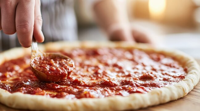 Hand of cook spreading tomato sauce on fresh pizza dough with ladle