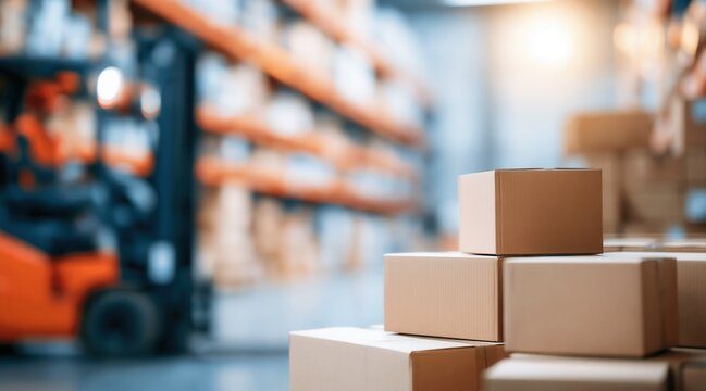 Stacked cardboard boxes in warehouse with blurred forklift background