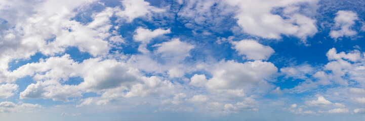 Fototapeta premium Wide angle panorama of beautiful sky with cumulus clouds over a clear horizon.