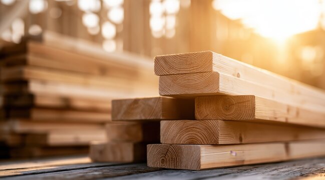 Stacked wooden planks at construction site in golden sunlight