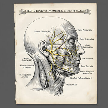 Vintage anatomical illustration of the human head nerves and parotid region with medicine