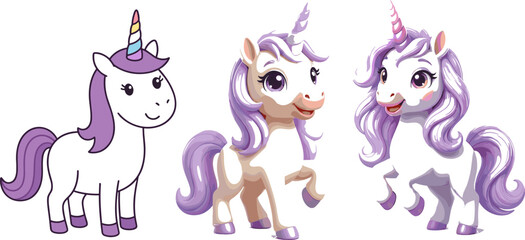 Cute cartoon unicorn character illustrations with purple manes and rainbow horns for children book designs and birthday graphics © Bulbuli
