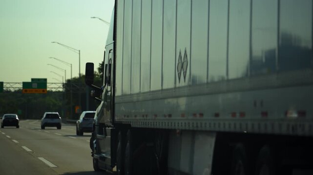 Semi-truck in motion. Detailed view of heavy-duty truck transport on the road