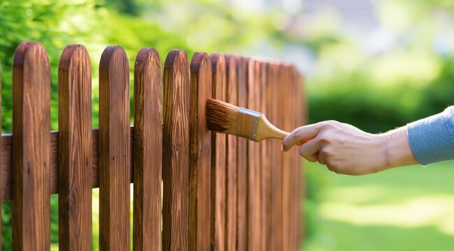 Hand staining wooden picket fence with brush in sunny garden