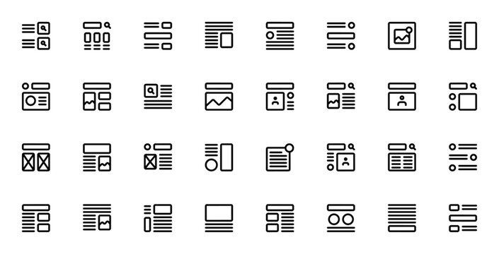 Wireframe icon set. UI wireframe icons pack. Minimal line art. Includes symbols for layout, grid, prototype, design, website, app, user interface, and more. Editable vector stroke.
