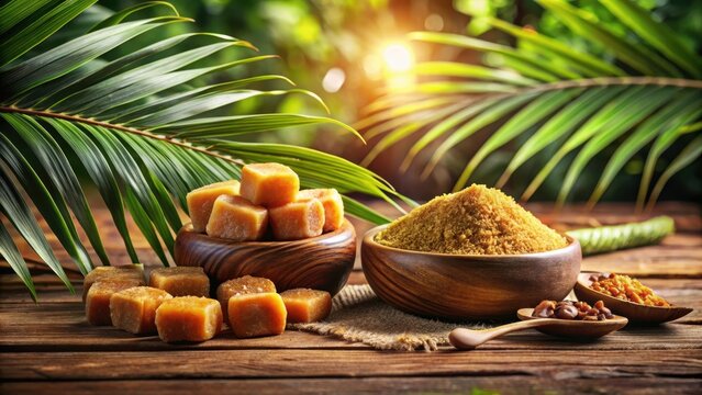 Javanese arenga palm sugar on wooden table